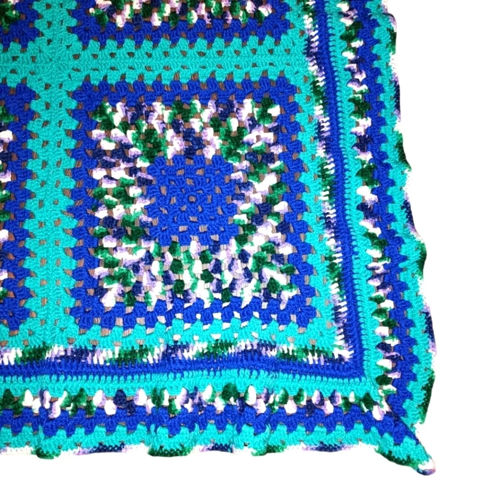 Vintage Blue Crochet Granny Square Throw Blanket